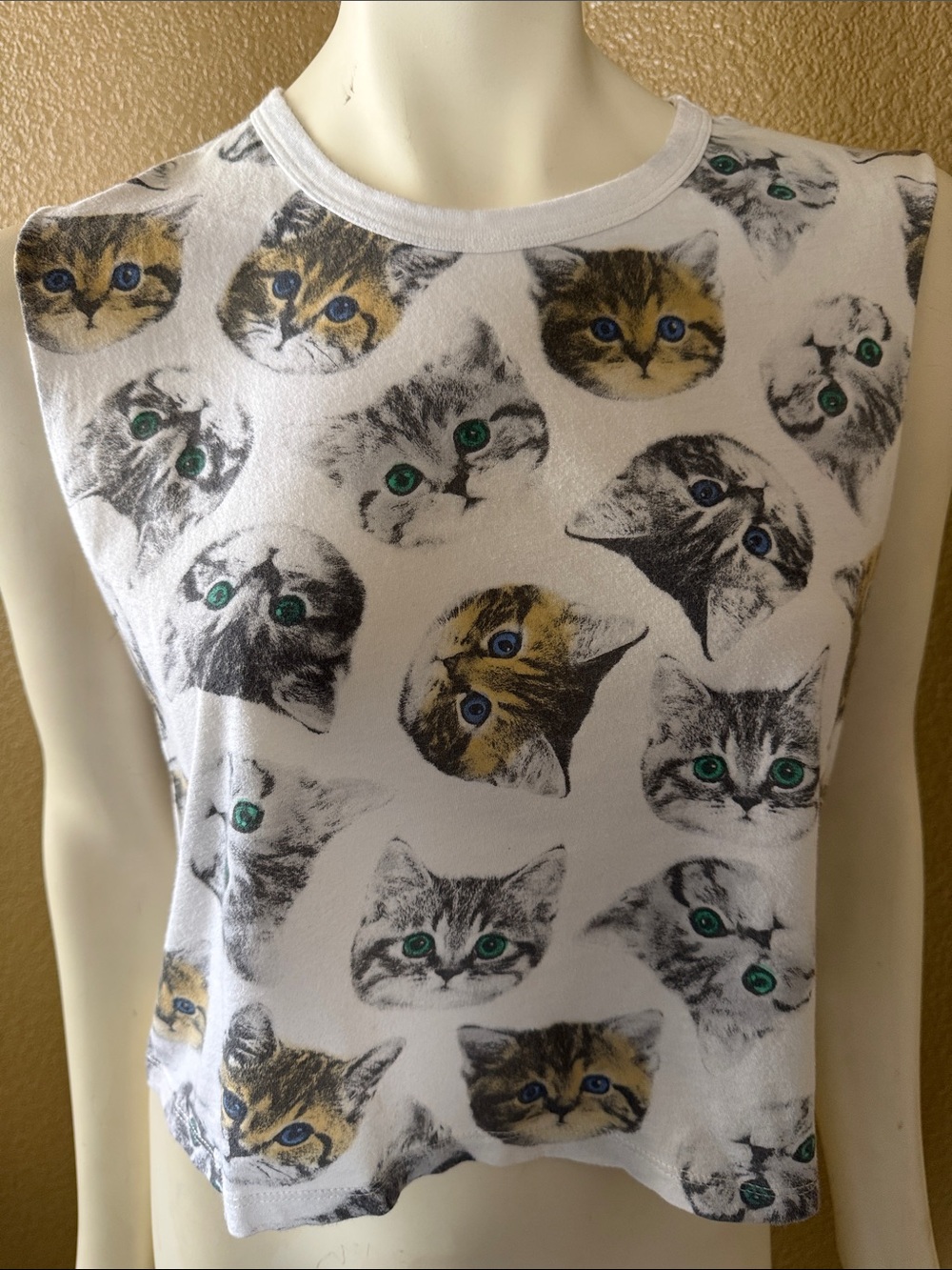 Forever 21 White Sleeveless Top with Multi-Colored Cat Face Print